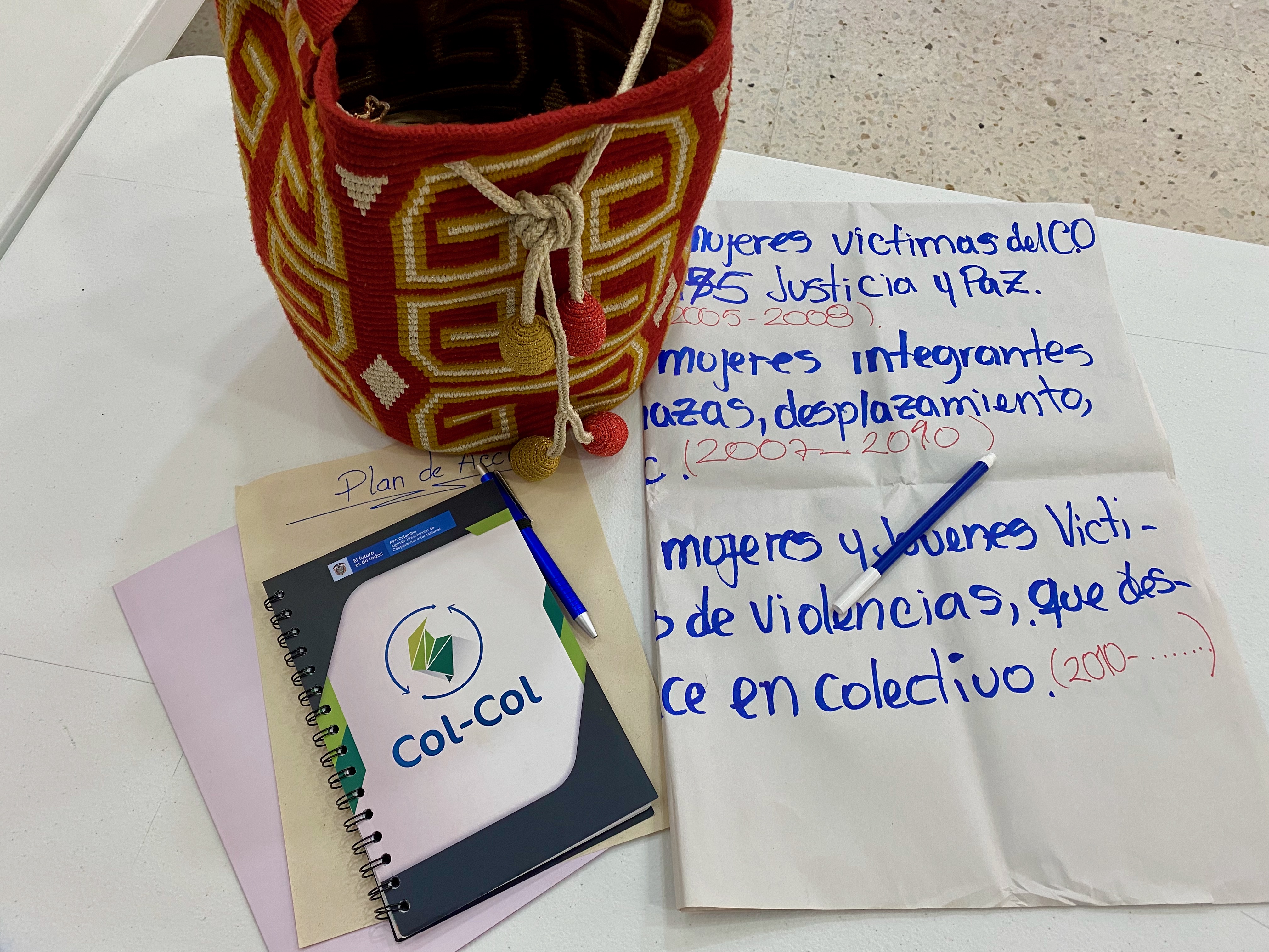 mochila Wayú con cartel de trabajo y cuaderno de Col-Col
