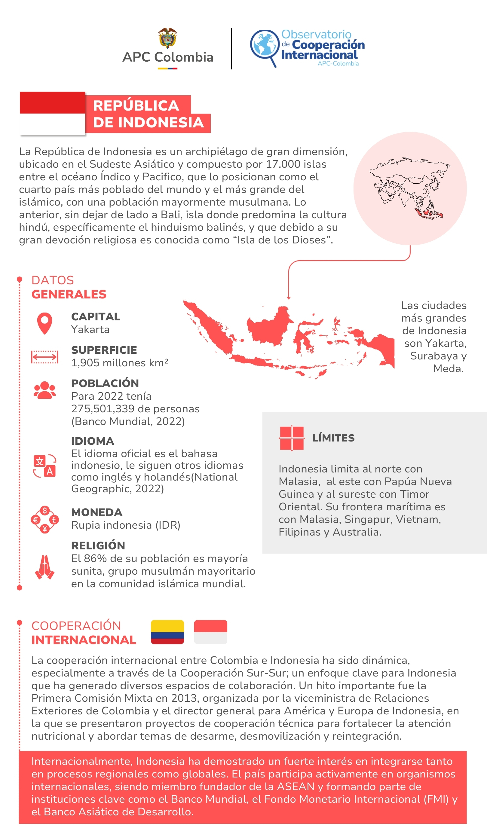La República de Indonesia es un archipiélago de gran dimensión, ubicado en el Sudeste Asiático y compuesto por 17.000 islas entre el océano Índico y Pacifico, que lo posicionan como el cuarto país más poblado del mundo y el más grande del islámico, con una población mayormente musulmana. Lo anterior, sin dejar de lado a Bali, isla donde predomina la cultura hindú, específicamente el hinduismo balinés, y que debido a su gran devoción religiosa es conocida como “Isla de los Dioses”