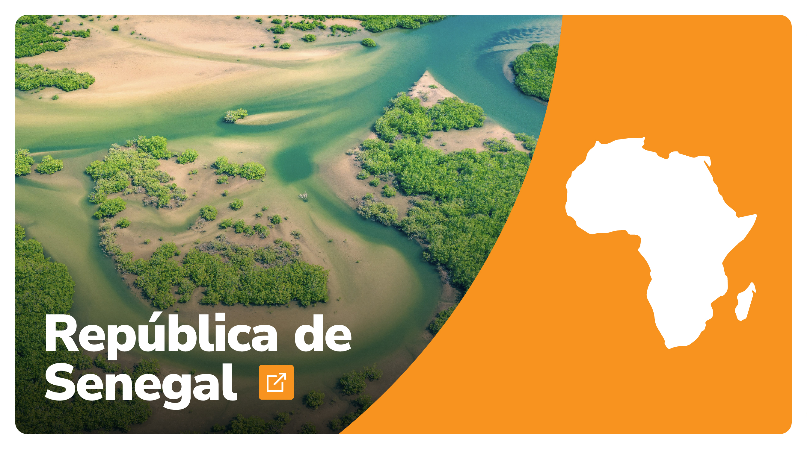 A la derecha un paisaje de Senegal, abajo a la derecha el hombre del país, a la derecha el fondo naranja y mapa de África de color Blanco