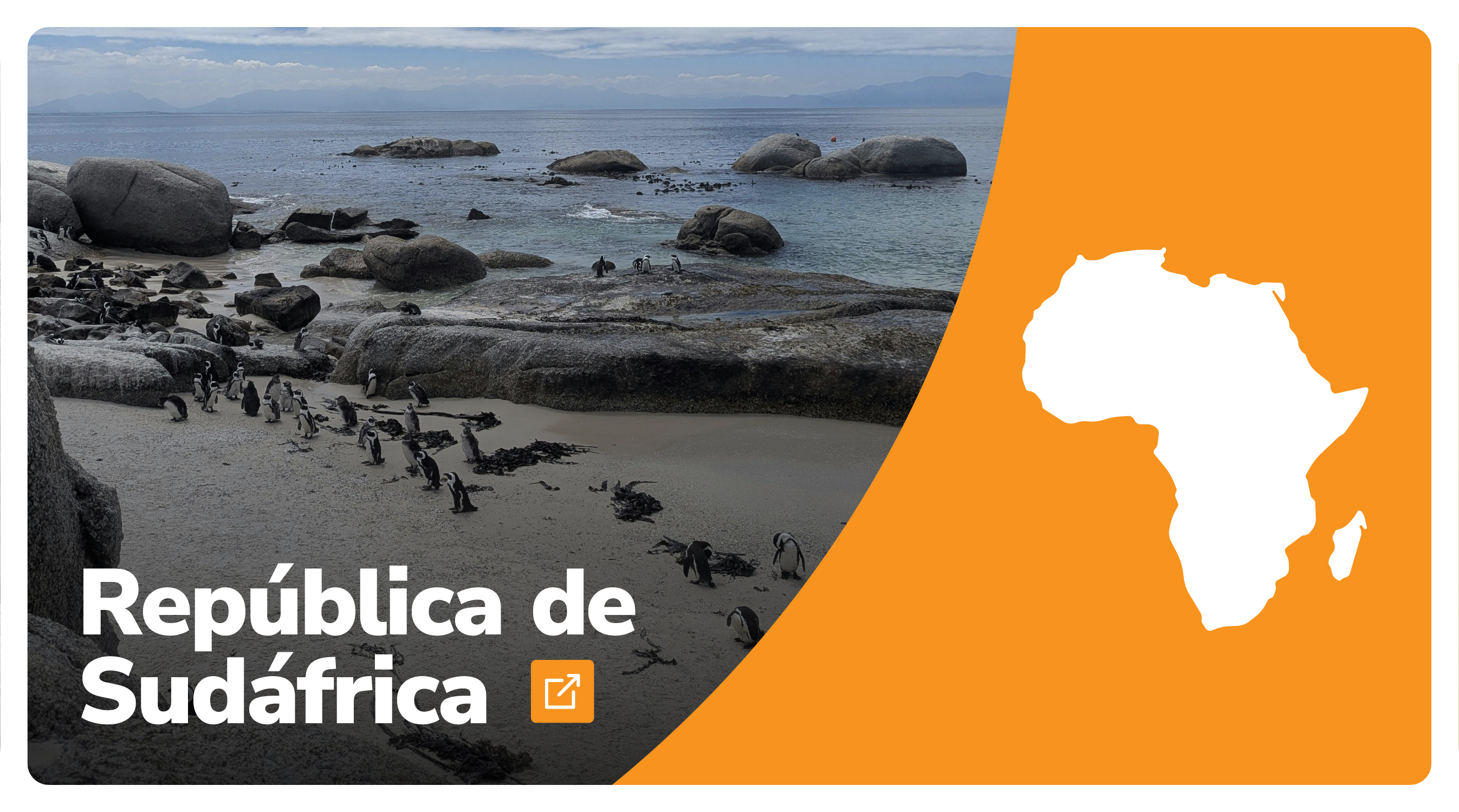 A la derecha un paisaje de Sudáfrica, abajo a la derecha el hombre del país, a la derecha el fondo naranja y mapa de África de color Blanco