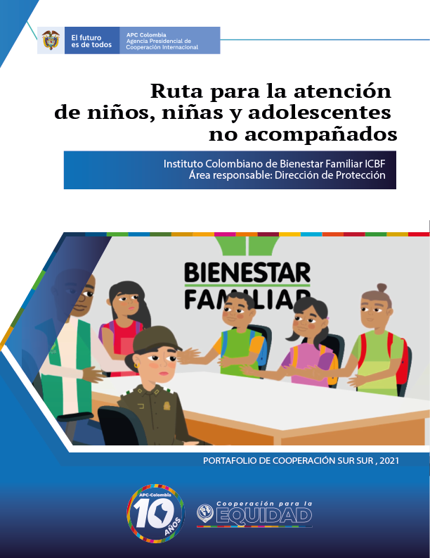 Portada de la cartilla Ruta para la atención de niños, niñas y adolescentes no acompañados, en la parte de arriba a la izquierda el logo de APC-Colombia, en la parte de abajo el logo de diez años de APC-Colombia, en el medio un dibujo de niños en el ICBF 