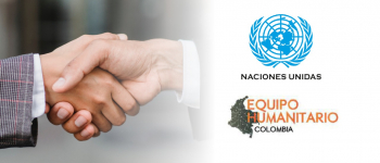 Dos personas dándose la mano, a la derecha el logo de la ONU y el logo del Equipo Humanitario de Colombia sobre fondo blanco