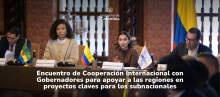 Foto de la reunión en el medio la Canciller de Colombia Laura Sarabia. En la parte de abajo el titulo de la nota arriba en el medio el logo del gobierno de Colombia